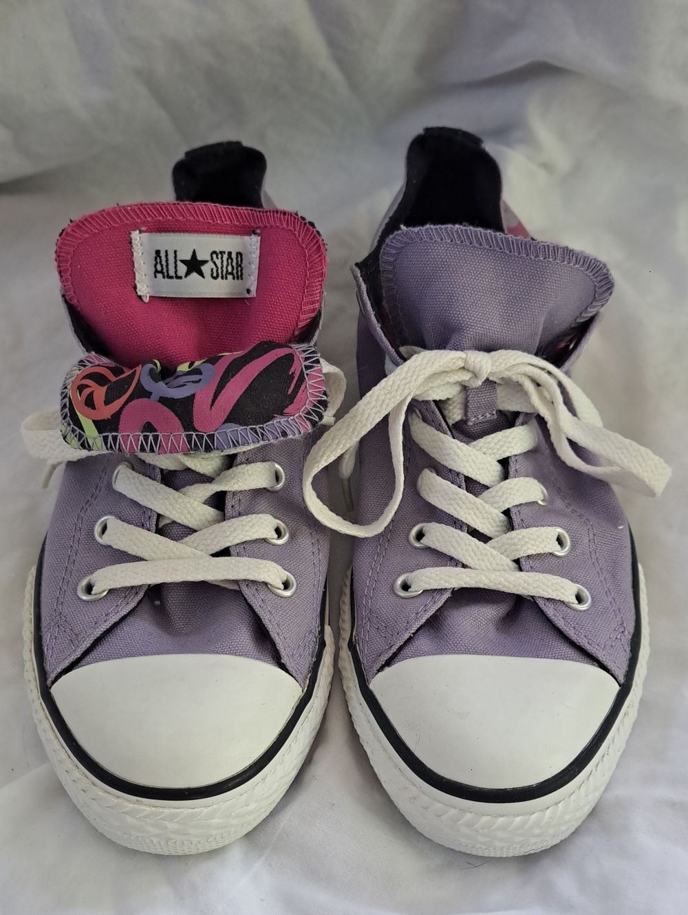 Converse Kid Lavender Canvas Low Top Sneakers Pink Double Tongue Hearts Hippie 5